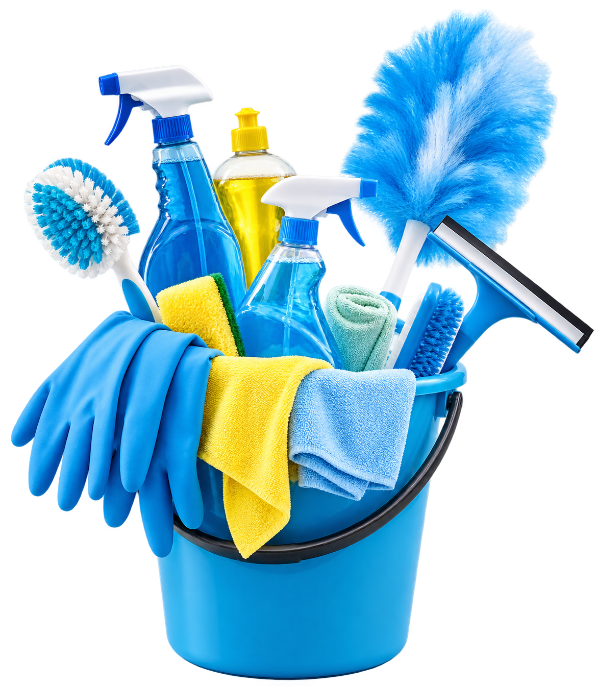 Blauer Reinigungseimer mit professionellen Reinigungsutensilien